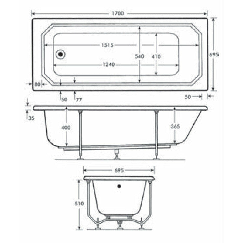 1700 x 700mm Square Single-Ended Straight Bath - Art - Letta London - 