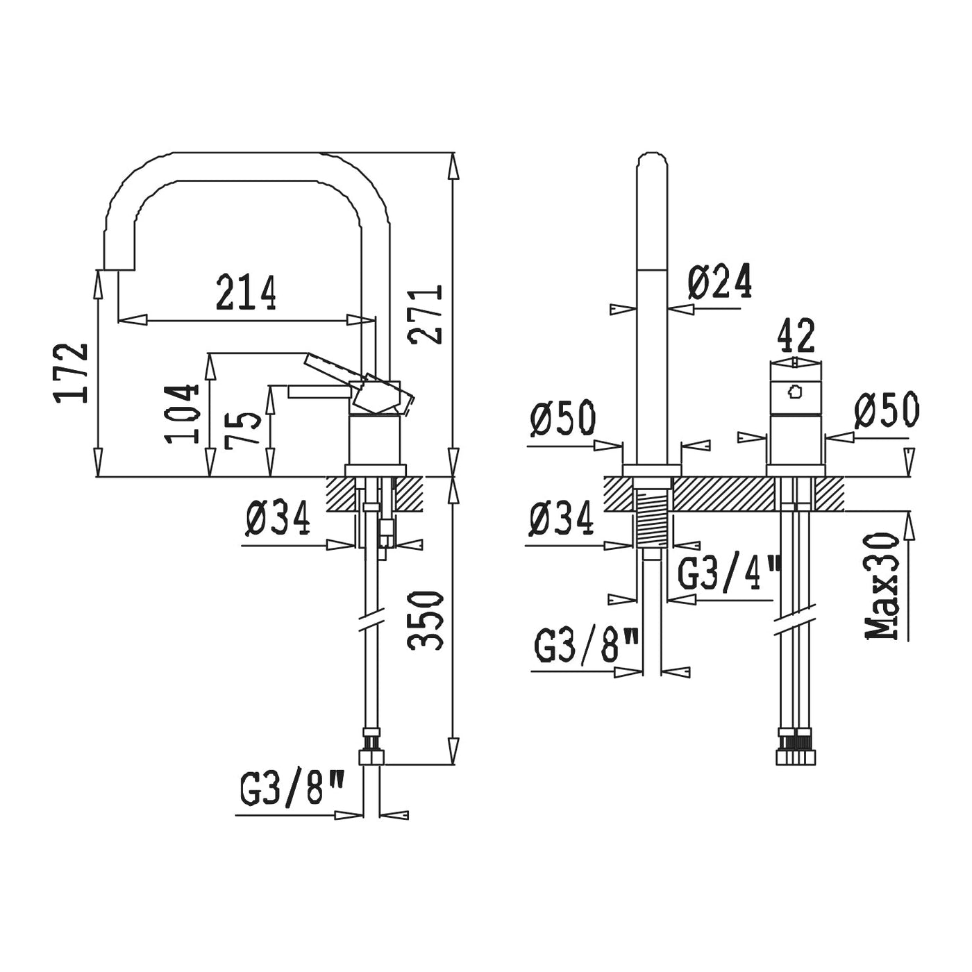 2-Hole Kitchen Mixer Tap, Chrome - Letta London - 