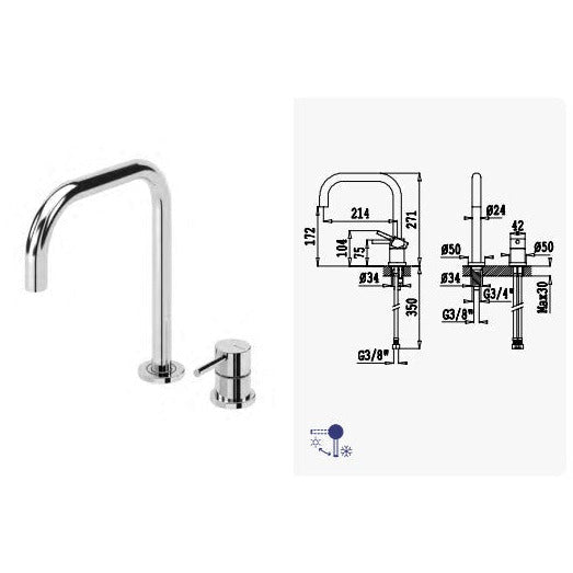 2-Hole Kitchen Mixer Tap, Chrome - Letta London - 