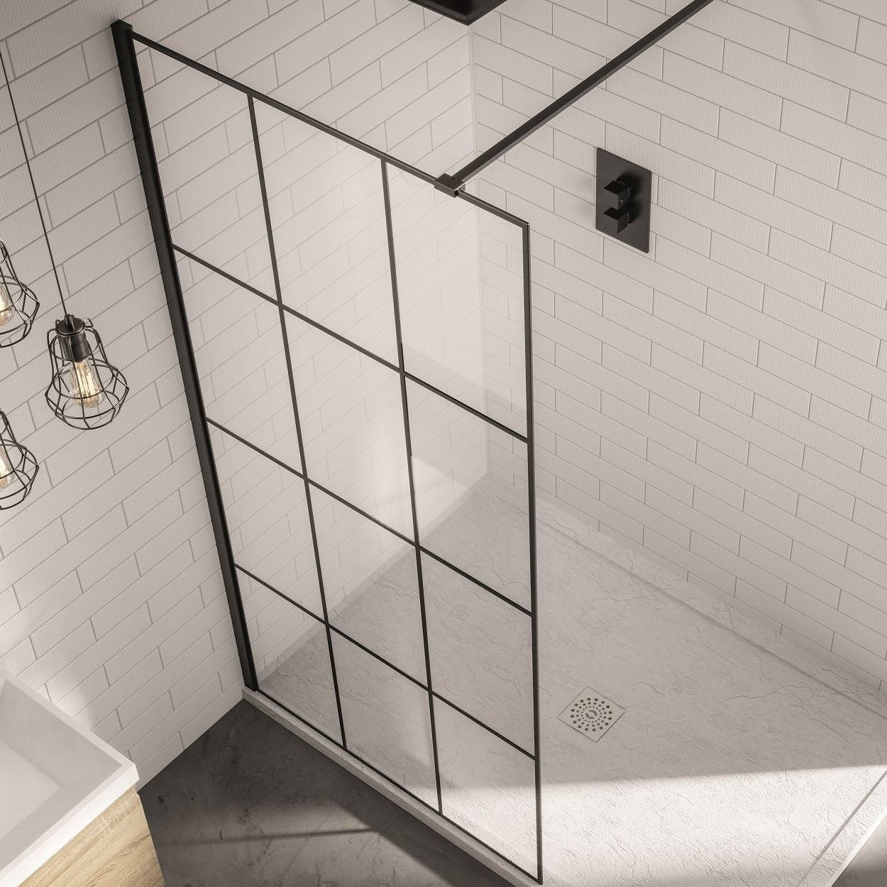 1000mm Black Frame Walk-in Shower Panel - Grid Style