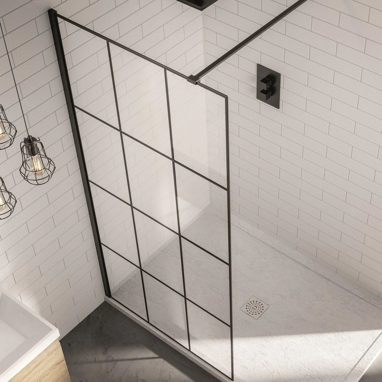 1100mm Black Frame Walk-in Shower Panel - Grid Style