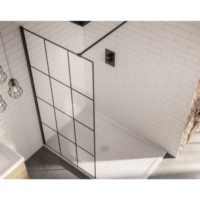 900mm Black Frame Walk-in Shower Panel - Grid Style
