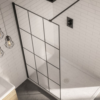900mm Black Frame Walk-in Shower Panel - Grid Style