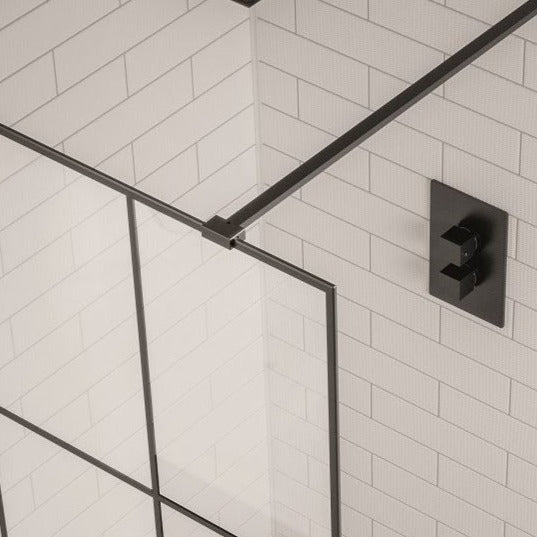 900mm Black Frame Walk-in Shower Panel - Grid Style