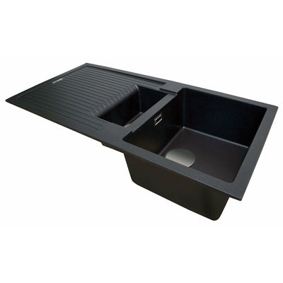 Black Quartz Kitchen Sink & Drainer with Stainless Steel Waste - Letta London - 