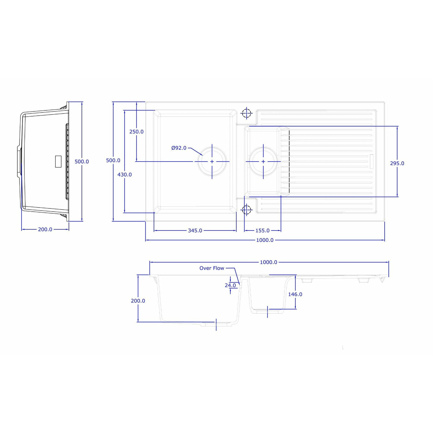 Black Quartz Kitchen Sink & Drainer with Stainless Steel Waste - Letta London - 