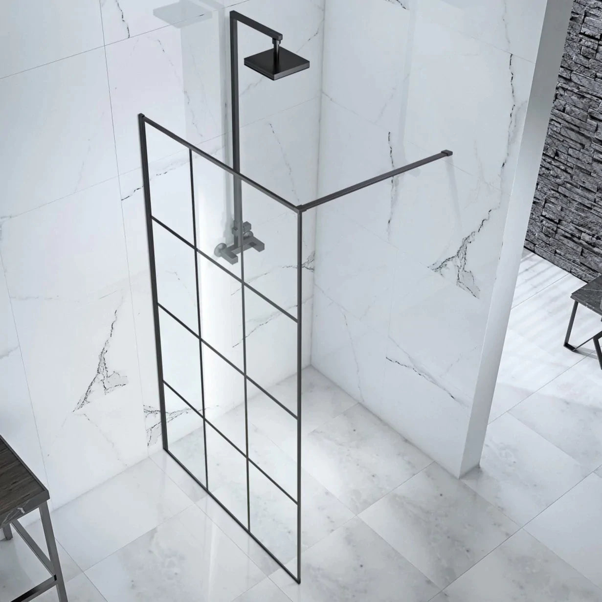 1200mm Black Frame Walk-in Shower Panel & Towel Rail