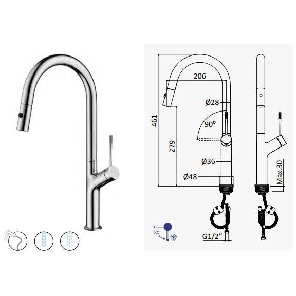 Dual Spray Sink mixer tap with swivel spout and pull out hand shower - Letta London - 