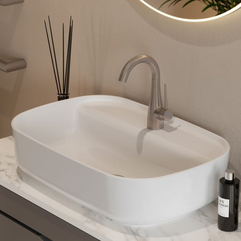 Eden, tall brushed nickel basin mixer tap with swivel spout