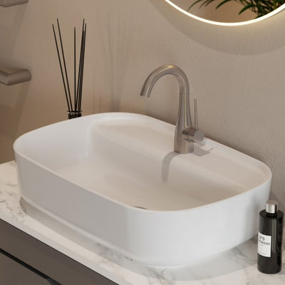 Eden, tall brushed nickel basin mixer tap with swivel spout