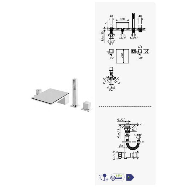 Escudo, cascade bath spout & single-lever bath/shower mixer set - Letta London - Bath & Shower Mixer