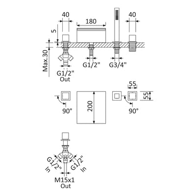 Escudo, cascade bath spout & single-lever bath/shower mixer set - Letta London - Bath & Shower Mixer