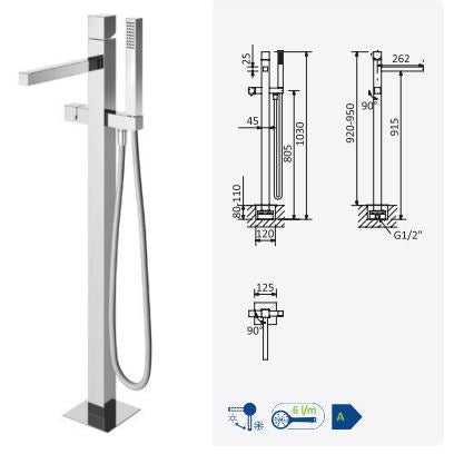 Escudo floor mounted bath tap, with shower mixer, chrome - Letta London - Freestanding Bath Taps