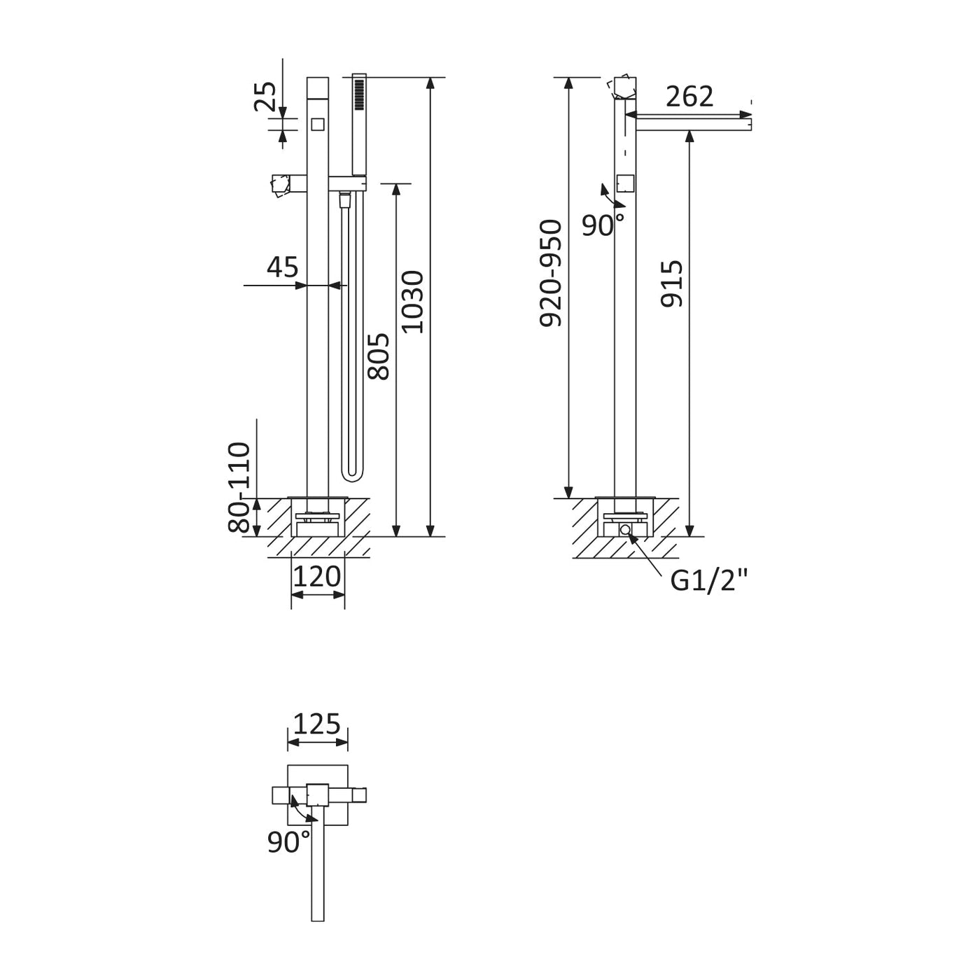 Escudo floor mounted bath tap, with shower mixer, chrome - Letta London - Freestanding Bath Taps