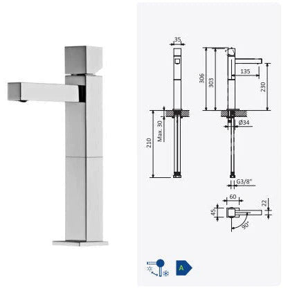 Escudo Tall lever-less mixer tap for countertop basins, chrome - Letta London - Basin Taps