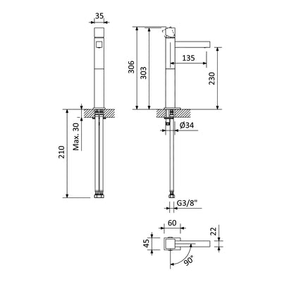 Escudo Tall lever-less mixer tap for countertop basins, chrome - Letta London - Basin Taps