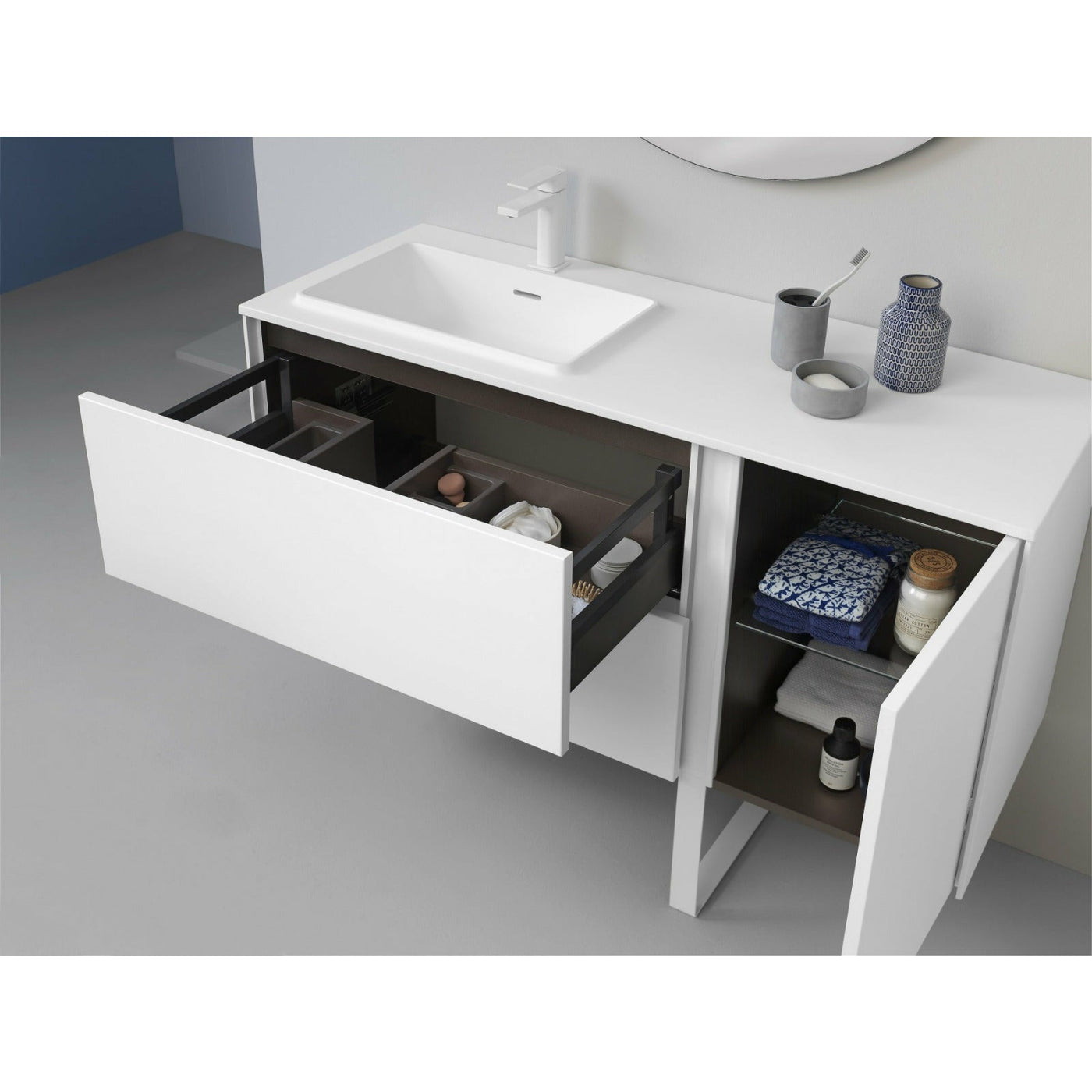 Frontline Matt White Floor Standing Bluetooth Vanity Unit with Ceramic Moon Basin & Slatted Leg(1200mm) - Letta London - Floor Standing Vanity Units