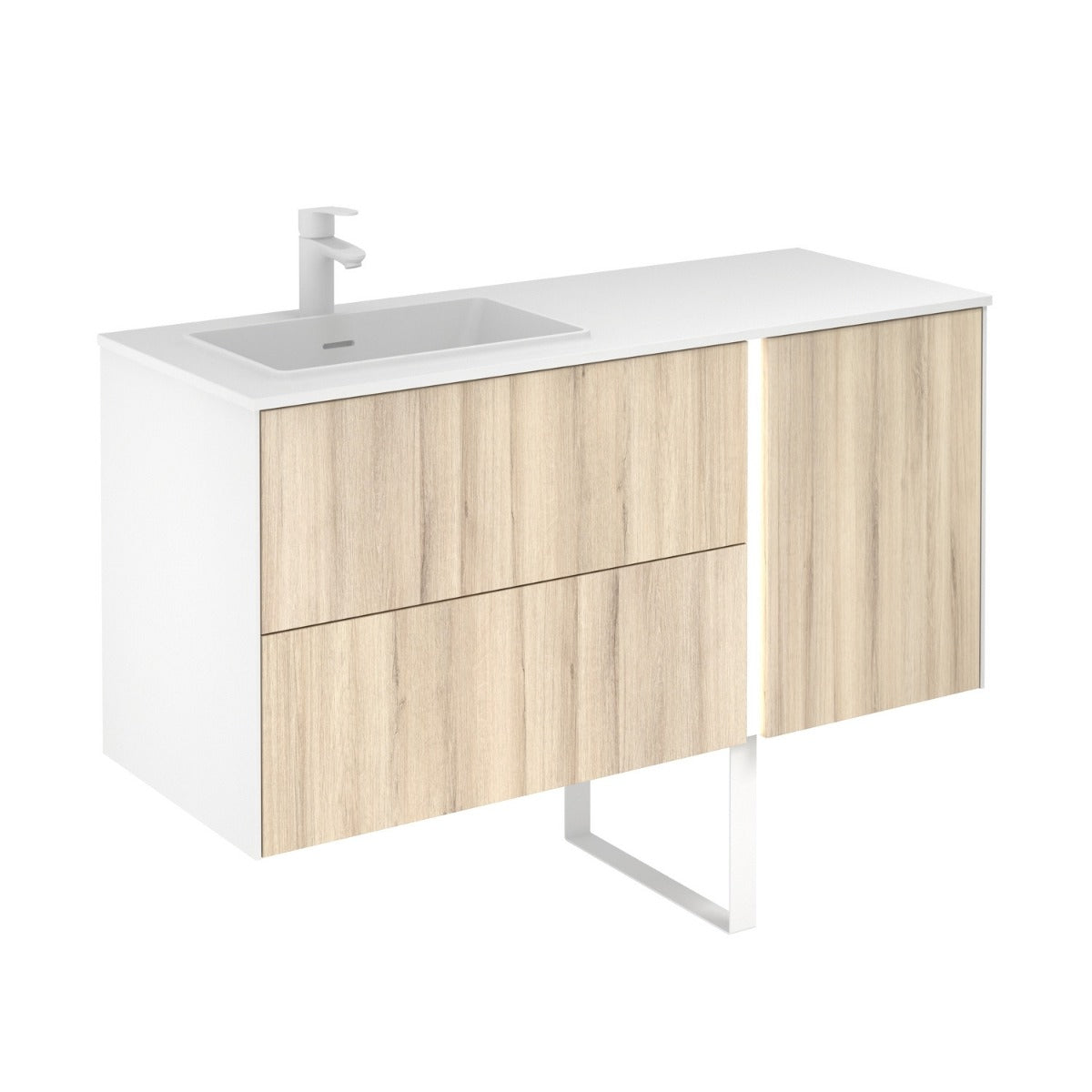 Frontline Matt White Floor Standing Bluetooth Vanity Unit with Ceramic Moon Basin & Slatted Leg (1200mm) - Letta London - Floor Standing Vanity Units