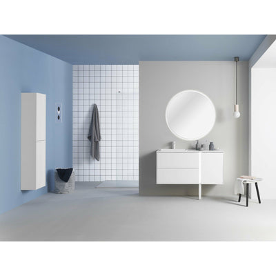 Frontline Matt White Floor Standing Bluetooth Vanity Unit with Ceramic Moon Basin & Slatted Leg (900mm) - Letta London - Floor Standing Vanity Units