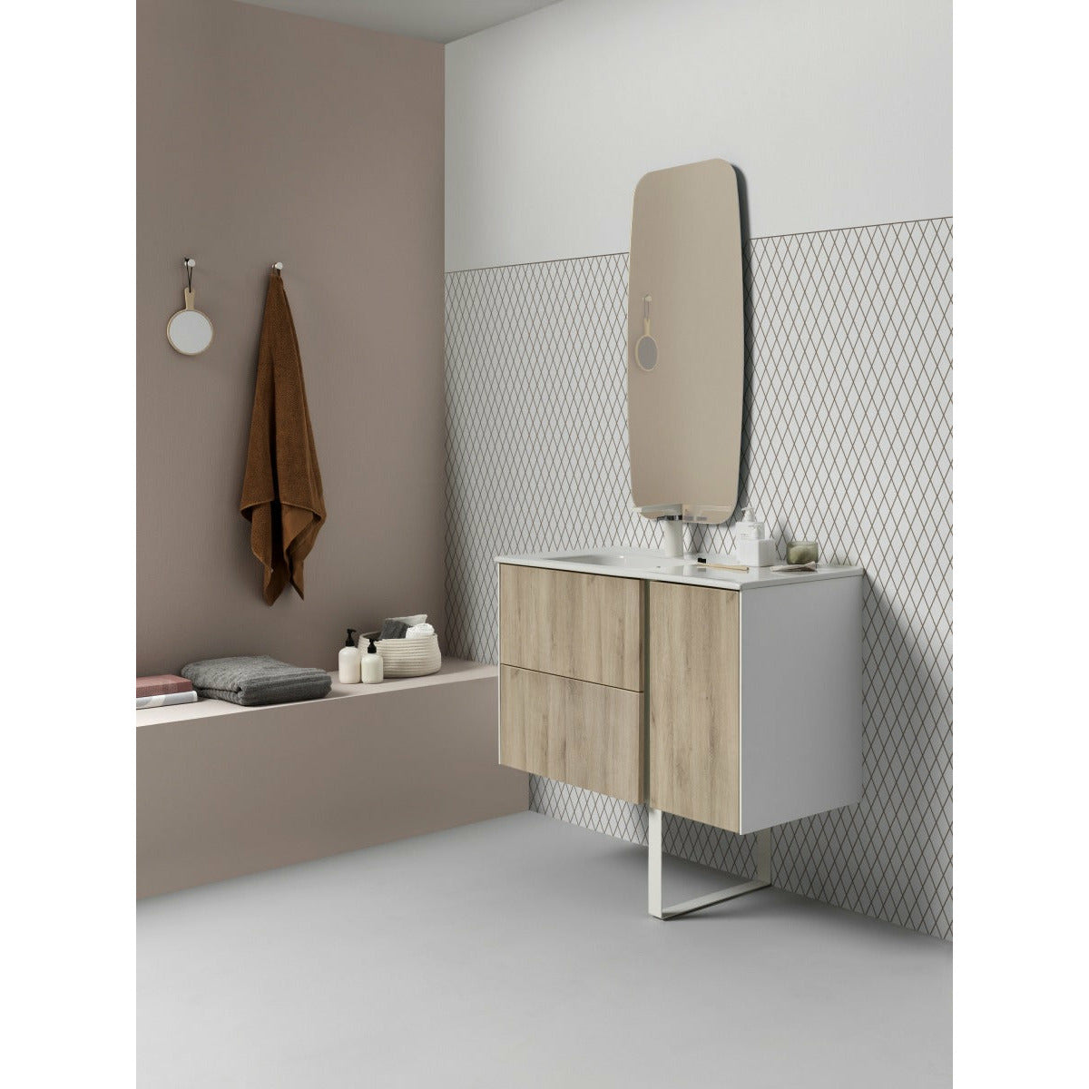Frontline Oak Floor Standing Vanity Bluetooth Vanity Unit with Ceramic Moon Basin & Slatted Leg (900mm) - Letta London - Floor Standing Vanity Units
