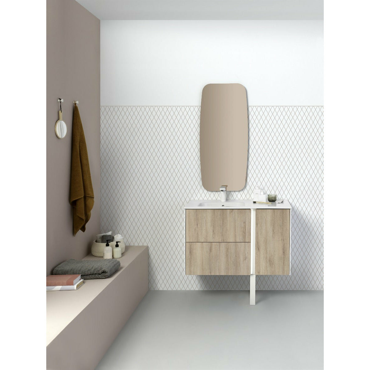 Frontline Oak Floor Standing Vanity Bluetooth Vanity Unit with Ceramic Moon Basin & Slatted Leg (900mm) - Letta London - Floor Standing Vanity Units