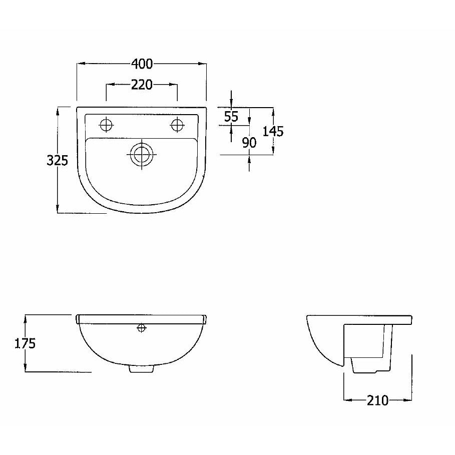 Frontline White Compact Slimline 400mm Semi-Recessed Basin - RH - Letta London - 