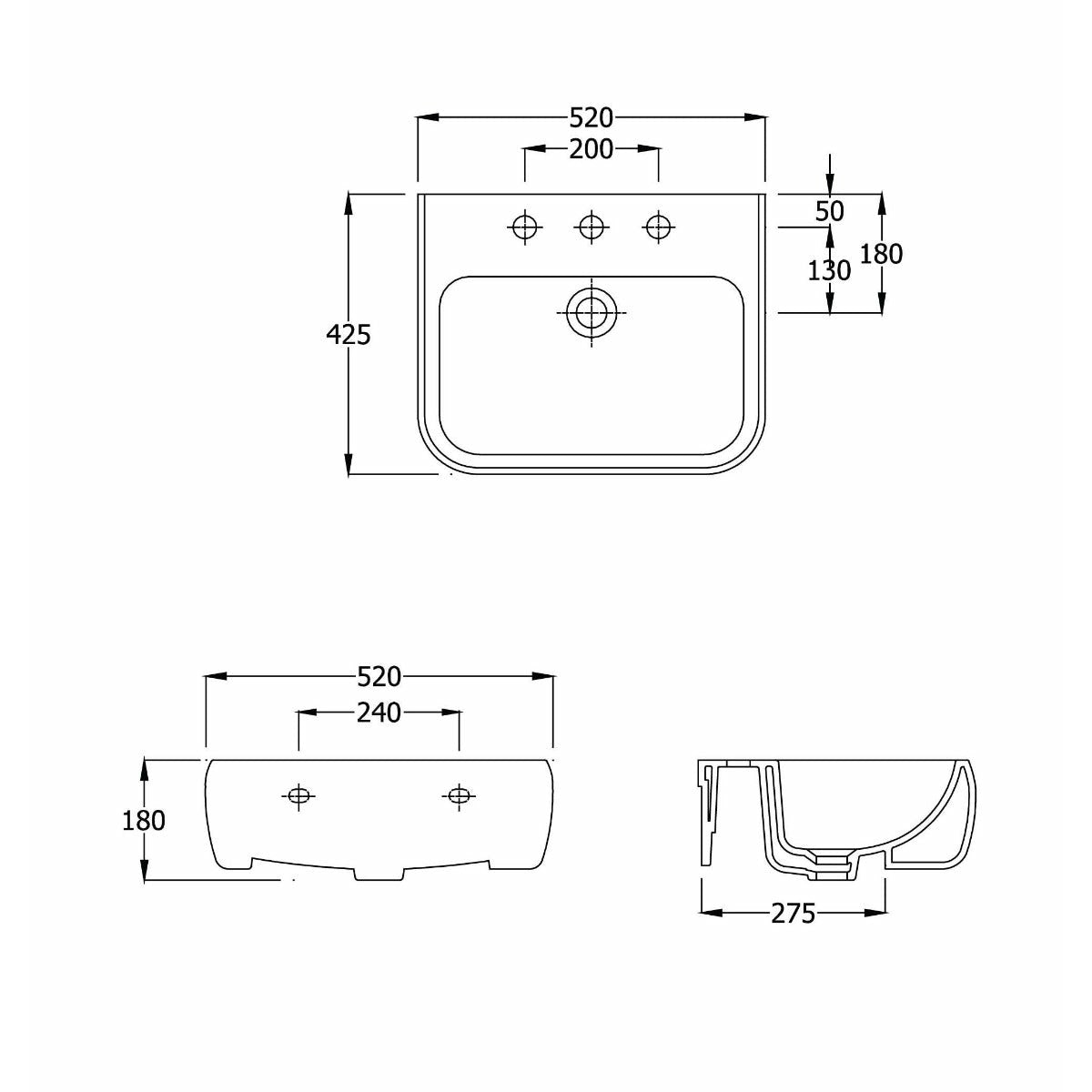 Frontline White Metro 520mm Semi-Recessed Basin - 1 Tap hole - Letta London - 