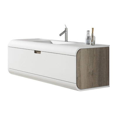 Frontline White/Oak Wall-Mounted Sunne 1 Drawer Vanity Unit with Solid Surface Basin (600mm) - Letta London - Wall Hung Vanity Units