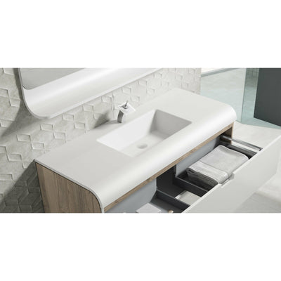 Frontline White/Oak Wall-Mounted Sunne 1 Drawer Vanity Unit with Solid Surface Basin (600mm) - Letta London - Wall Hung Vanity Units