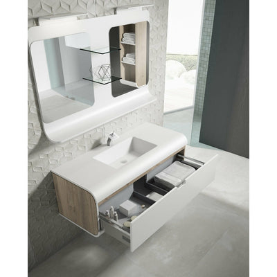 Frontline White/Oak Wall-Mounted Sunne 1 Drawer Vanity Unit with Solid Surface Basin (600mm) - Letta London - Wall Hung Vanity Units