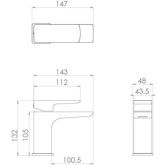 Saneux Matt Black FUJI Mini Basin Mixer and Click Waste drawings fu001-mb