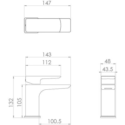 Saneux Matt Black FUJI Mini Basin Mixer and Click Waste drawings fu001-mb