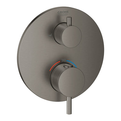 Grohe Brushed Hard Graphite Atrio Thermostatic bath tub mixer for 2 outlets with integrated shut off/diverter valve - Letta London - Twin Valves With Diverter