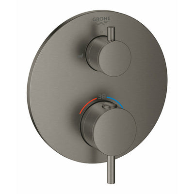 Grohe Brushed Hard Graphite Atrio Thermostatic bath tub mixer for 2 outlets with integrated shut off/diverter valve - Letta London - Twin Valves With Diverter