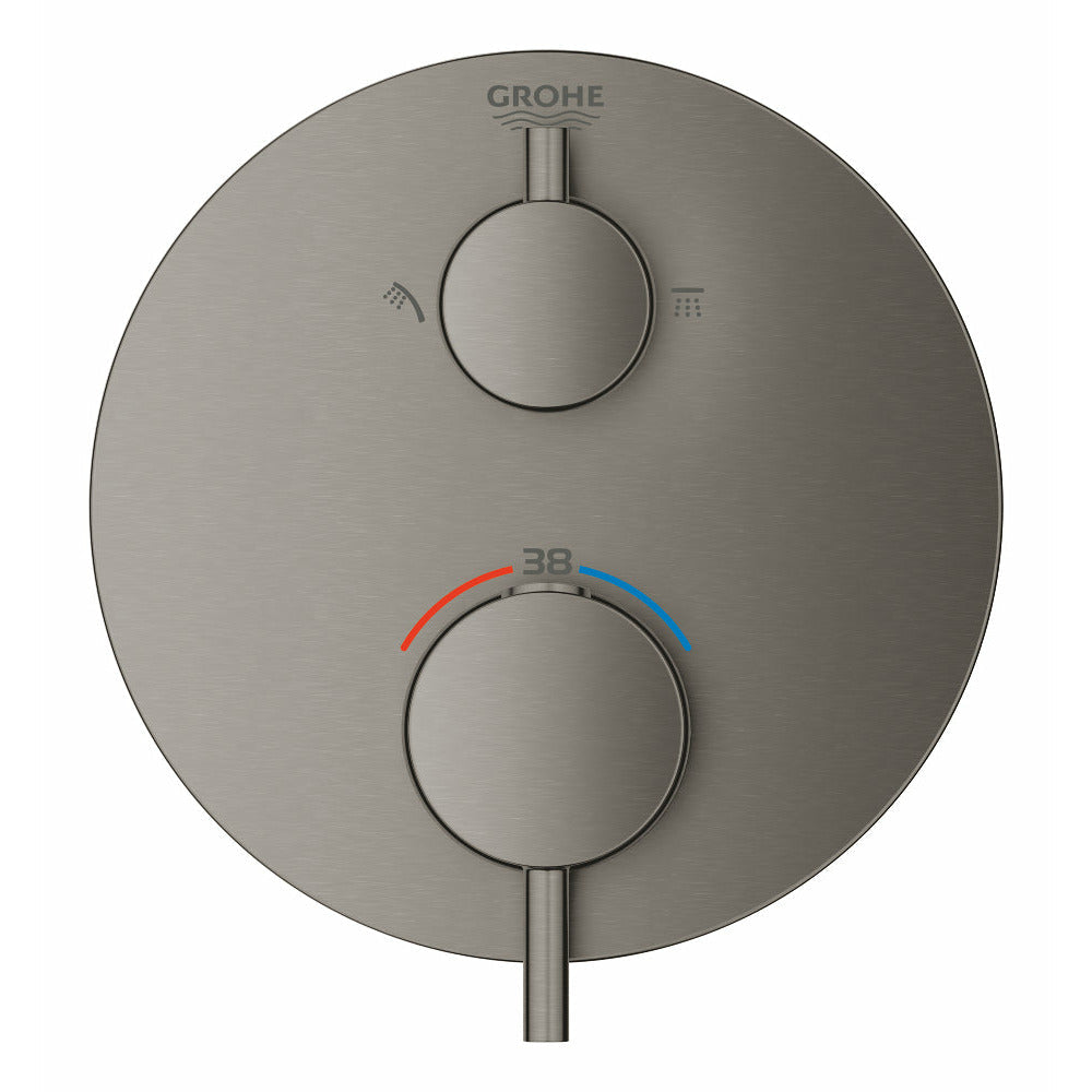 Grohe Brushed Hard Graphite Atrio Thermostatic shower mixer for 2 outlets with integrated shut off/diverter valve - Letta London - Twin Valves With Diverter