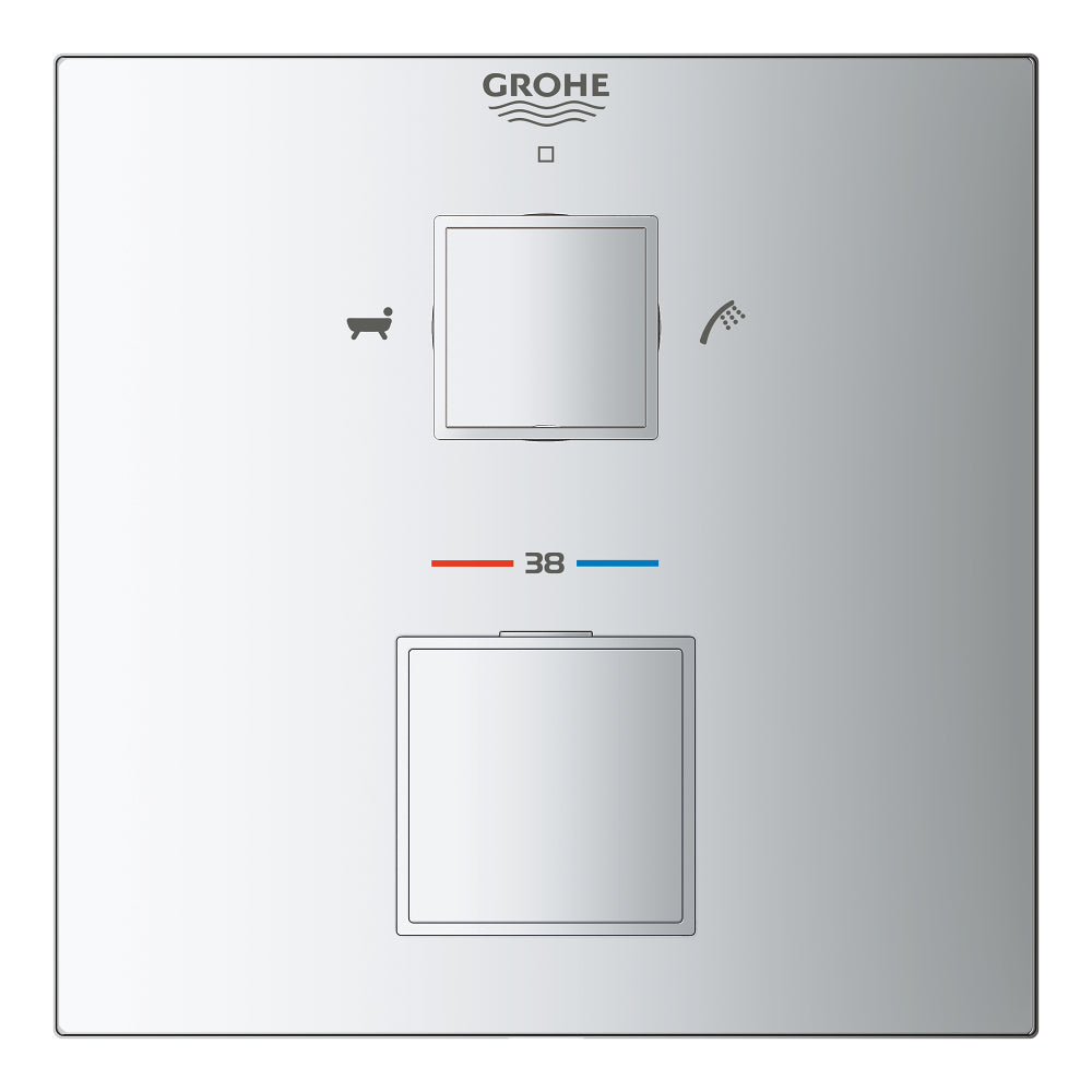 Grohe Chrome Grohtherm Cube Thermostatic bath tub mixer for 2 outlets with integrated shut off/diverter valve - Letta London - Twin Valves With Diverter