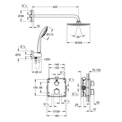 Grohe Chrome Grohtherm Perfect shower set with Rainshower Cosmopolitan 210 - Letta London - Shower Set