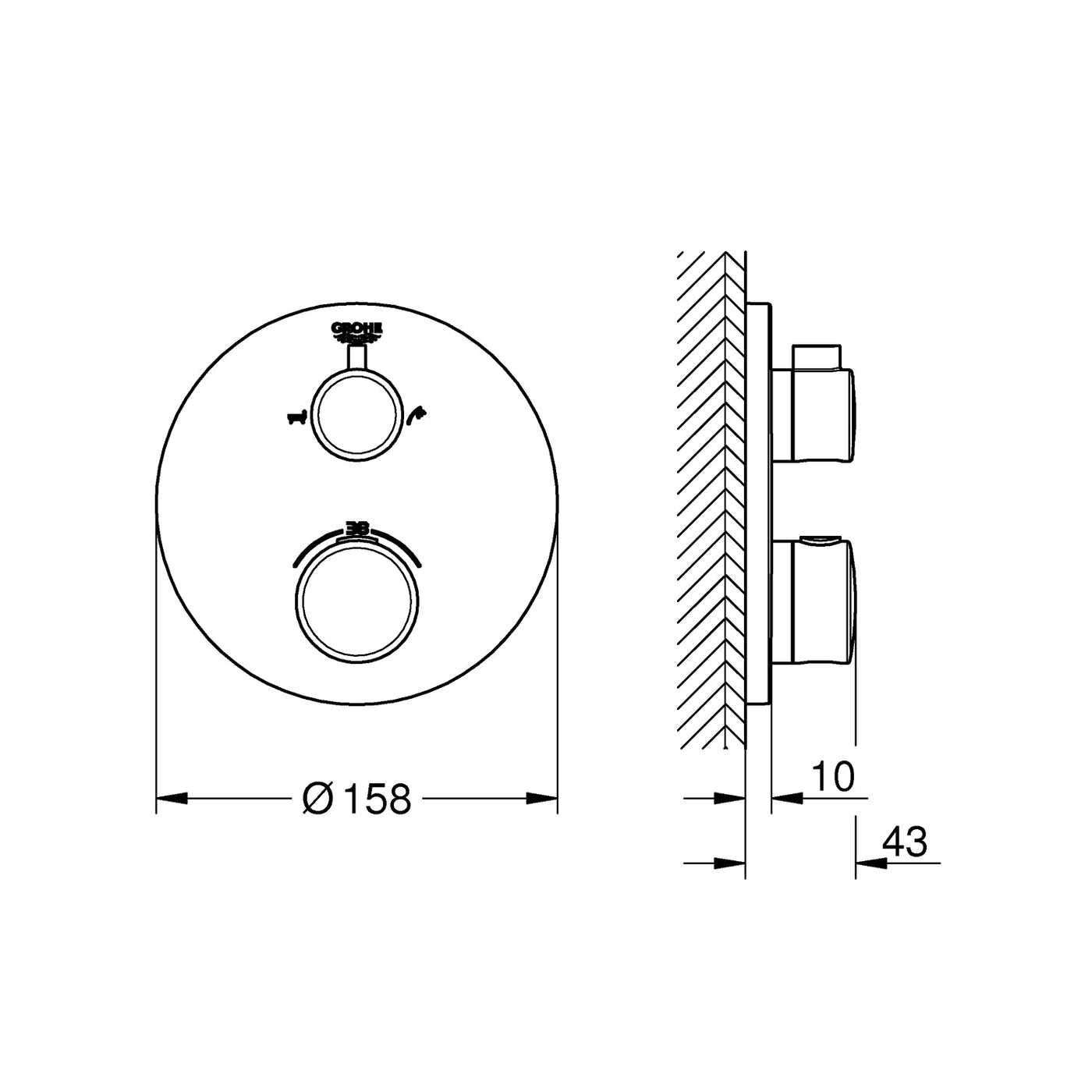 Grohe Chrome Grohtherm Thermostatic bath tub mixer for 2 outlets with integrated shut off/diverter valve - Letta London - Twin Valves With Diverter