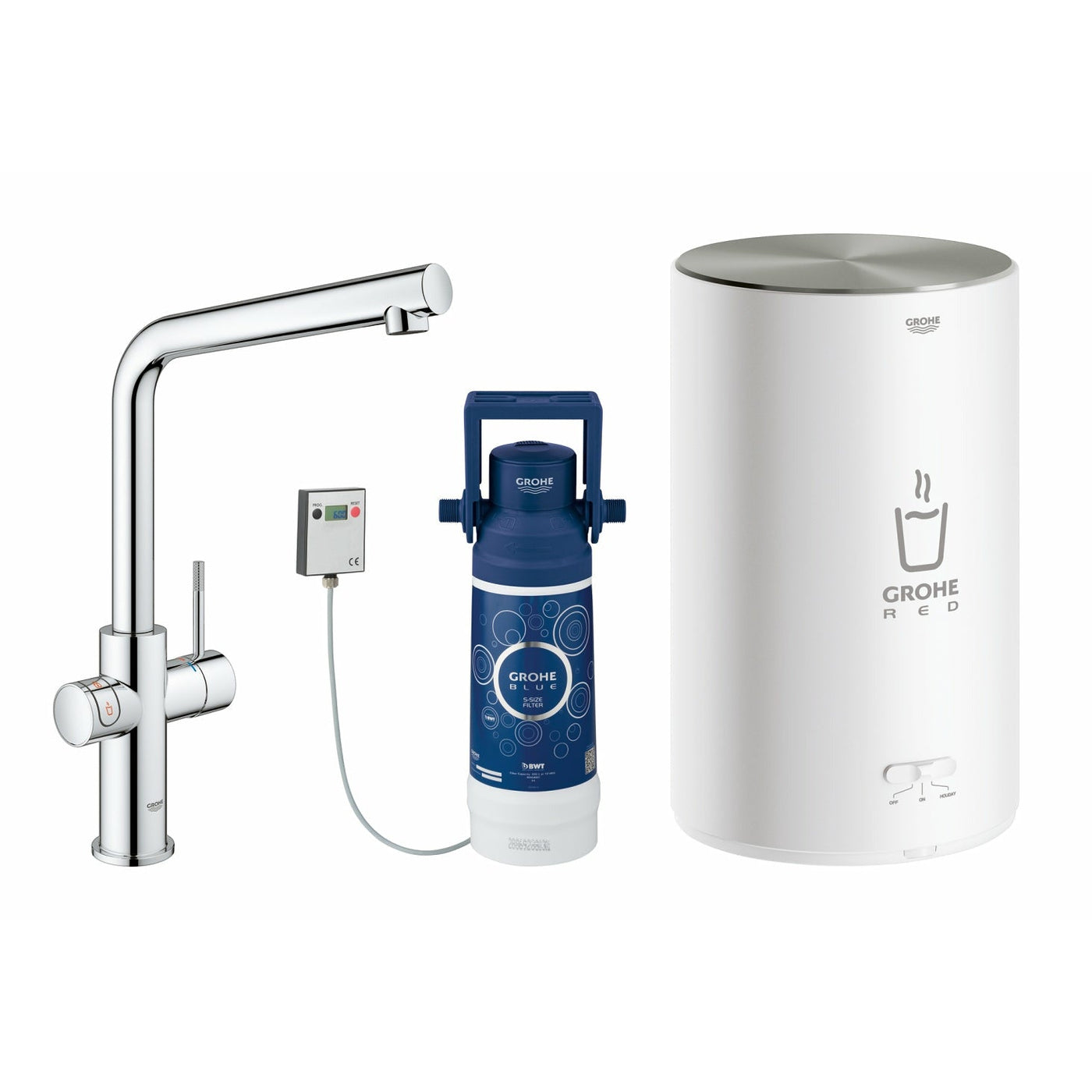 Grohe Chrome Red Duo Tap and M Size Boiler Kitchen Tap - Letta London - Boiling Water Taps