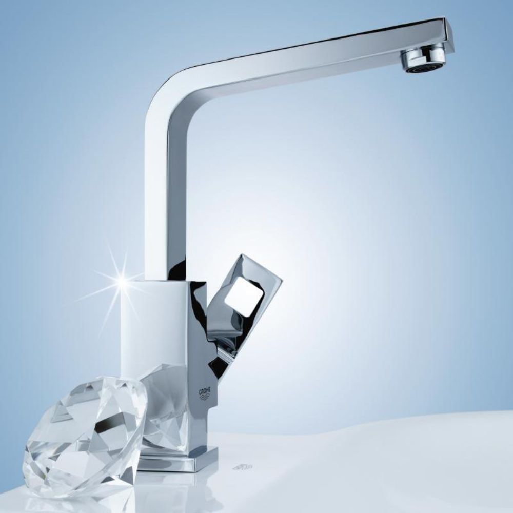 Grohe Eurocube single-lever basin mixer with swivel spout, L size with flow rate limiter, with pop-up waste set