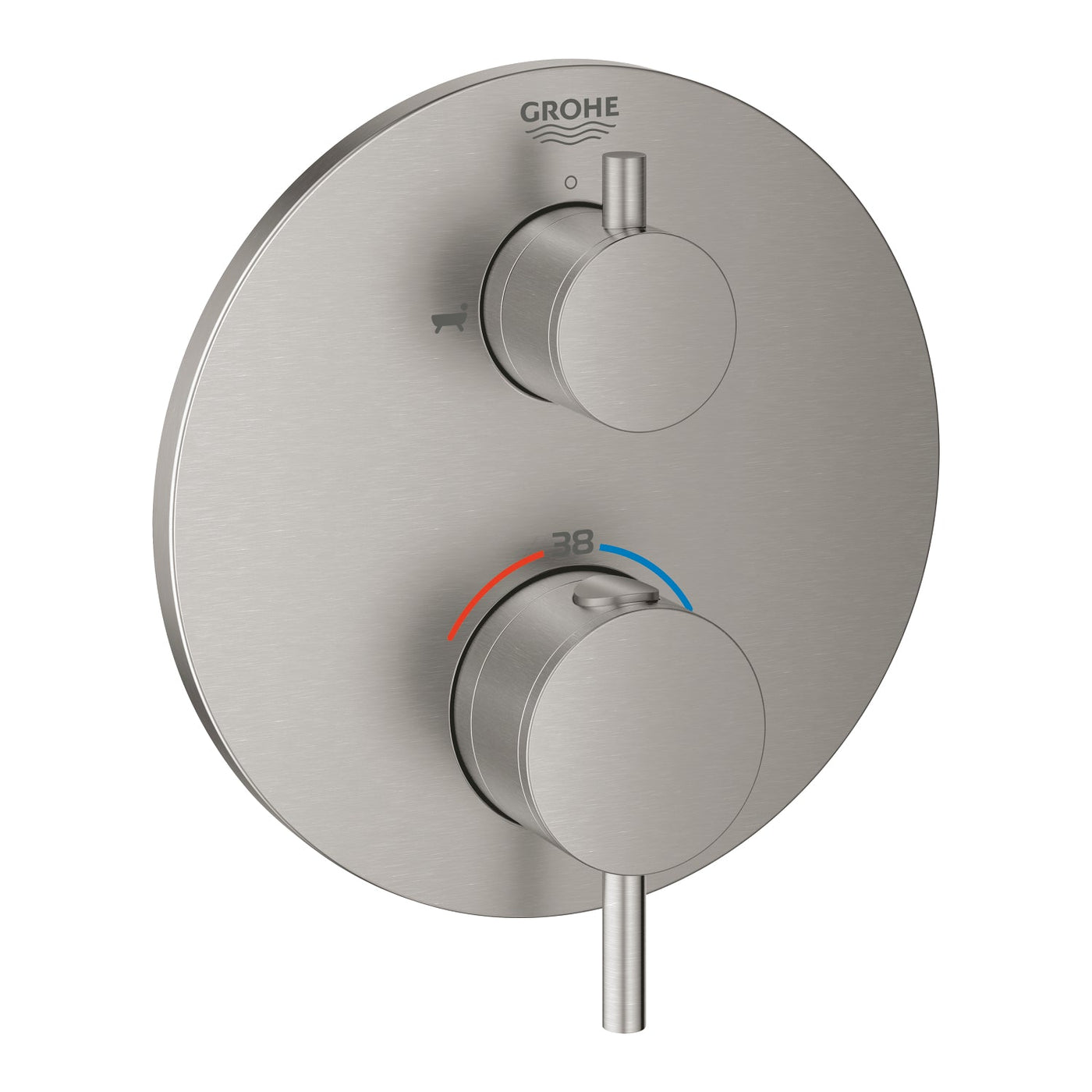 Grohe Supersteel Atrio Thermostatic bath tub mixer for 2 outlets with integrated shut off/diverter valve - Letta London - Twin Valves With Diverter