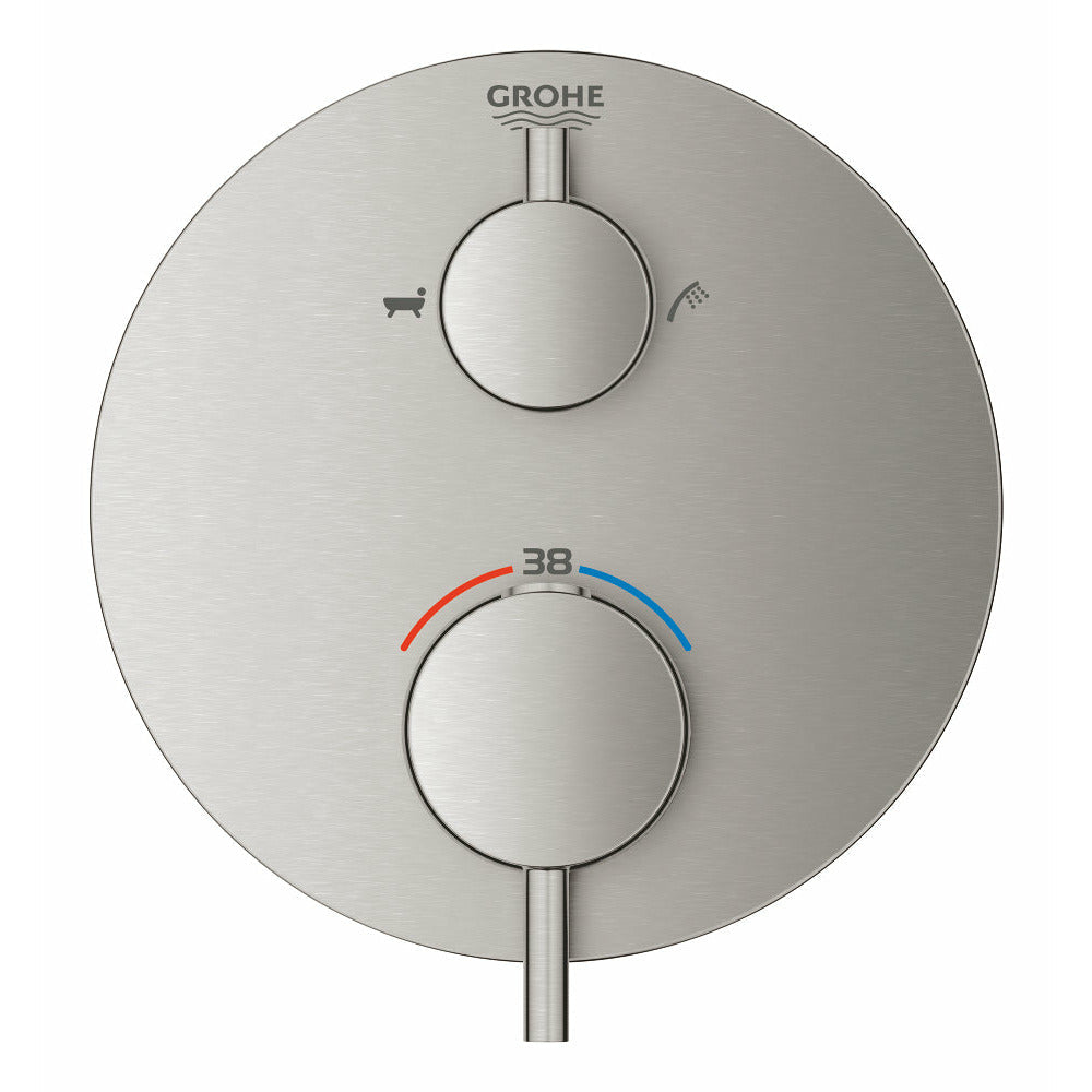 Grohe Supersteel Atrio Thermostatic bath tub mixer for 2 outlets with integrated shut off/diverter valve - Letta London - Twin Valves With Diverter