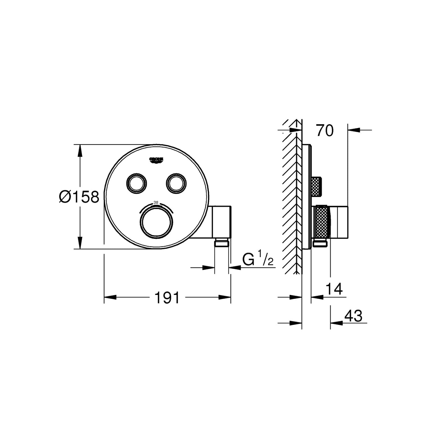 Grohe Supersteel Grohtherm SmartControl Thermostat for concealed installation with 
2 valves and integrated shower holder - Letta London - Push Button Shower Valves