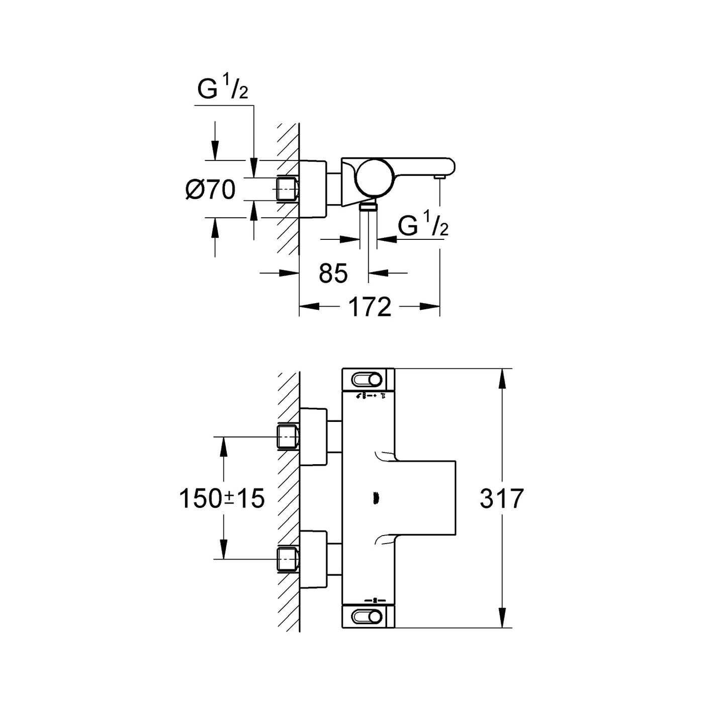 Grohe Wall Mounted Chrome Grohtherm 2000 Thermostatic bath/shower mixer 1/2" - Letta London - 