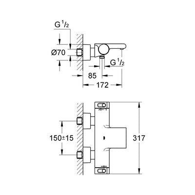 Grohe Wall Mounted Chrome Grohtherm 2000 Thermostatic bath/shower mixer 1/2" - Letta London - 