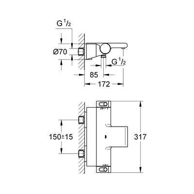 Grohe Wall Mounted Chrome Grohtherm 2000 Thermostatic bath/shower mixer 1/2" - Letta London - 