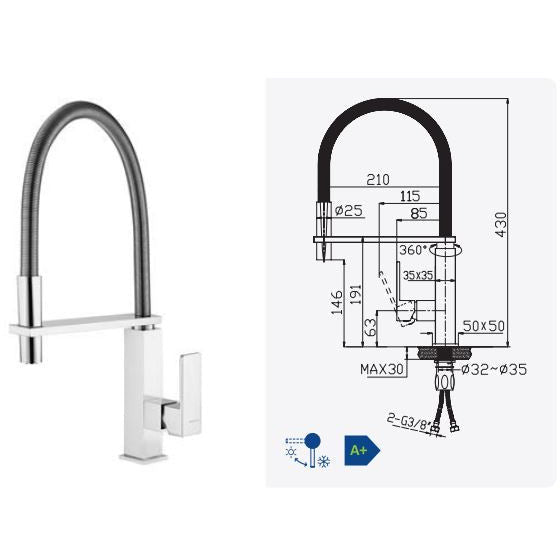 Kitchen mixer Tap with spring swivel spout and extendable hand shower - Letta London - 