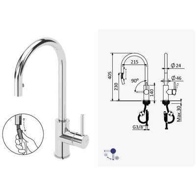 Kitchen mixer tap with swivel spout & pull-out aerator - Chrome - Letta London - 