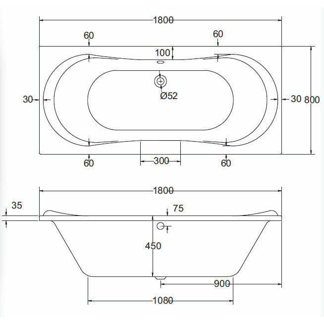 Large Double-Ended Straight Bath 1800 x 800mm - Comet - Letta London - 