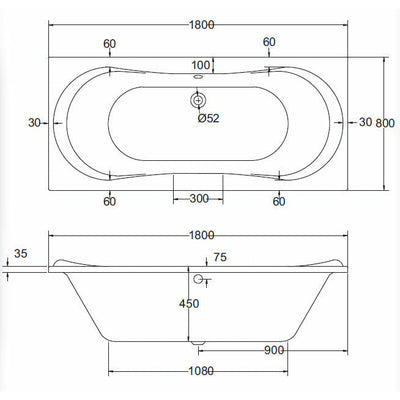 Large Double-Ended Straight Bath 1800 x 800mm - Comet - Letta London - 